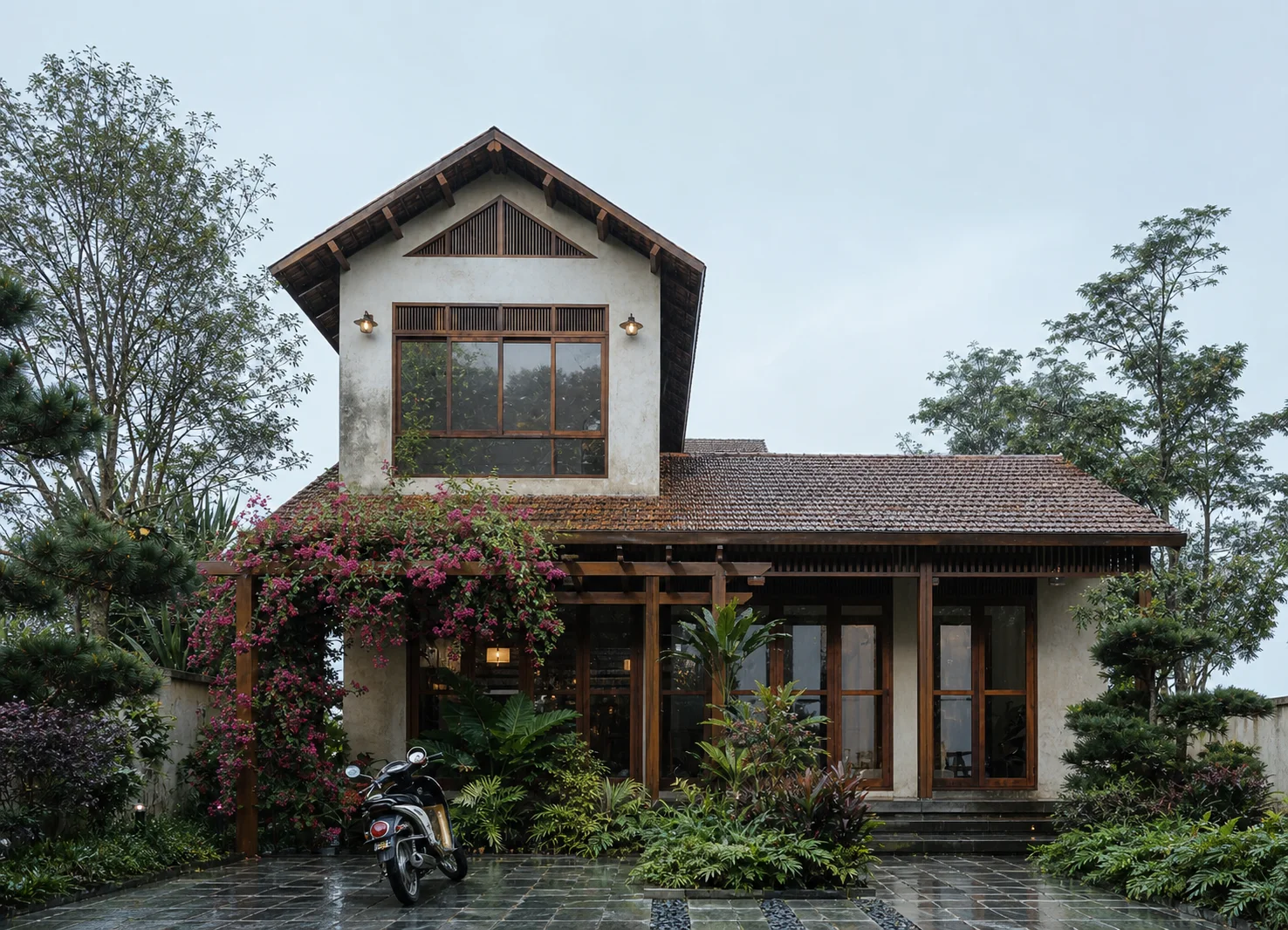 Hình ảnh định hướng mặt tiền The Mossy Roof sau một buổi mưa