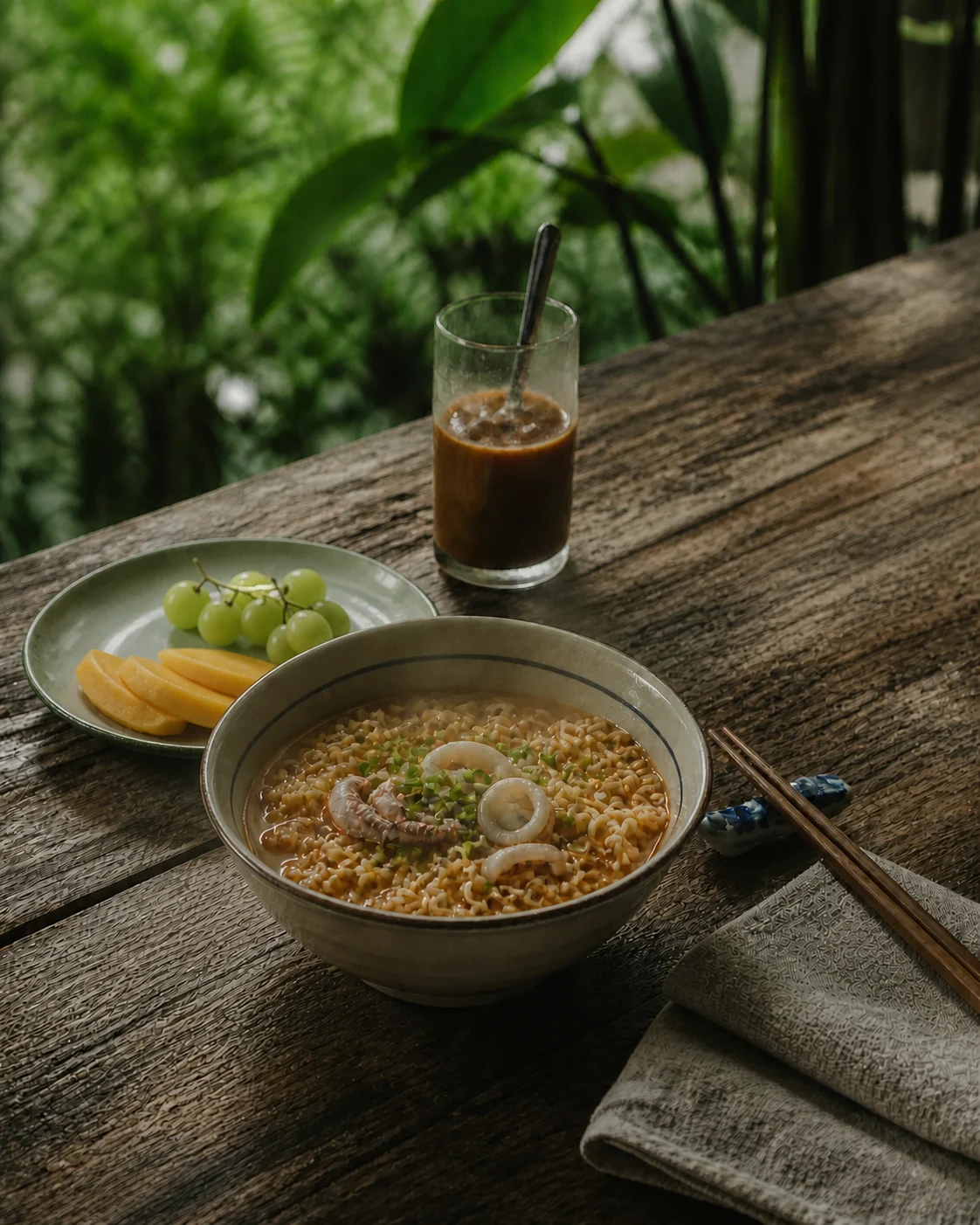 Một tô mì gói nấu mực, cà phê, nho xanh và xoài trên bàn gỗ buổi sáng