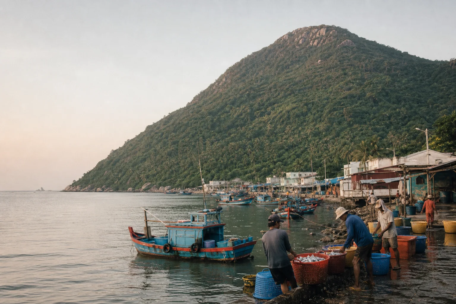 Minh hoạ ghe cá về một xóm chài dưới sườn núi Hòn Sơn